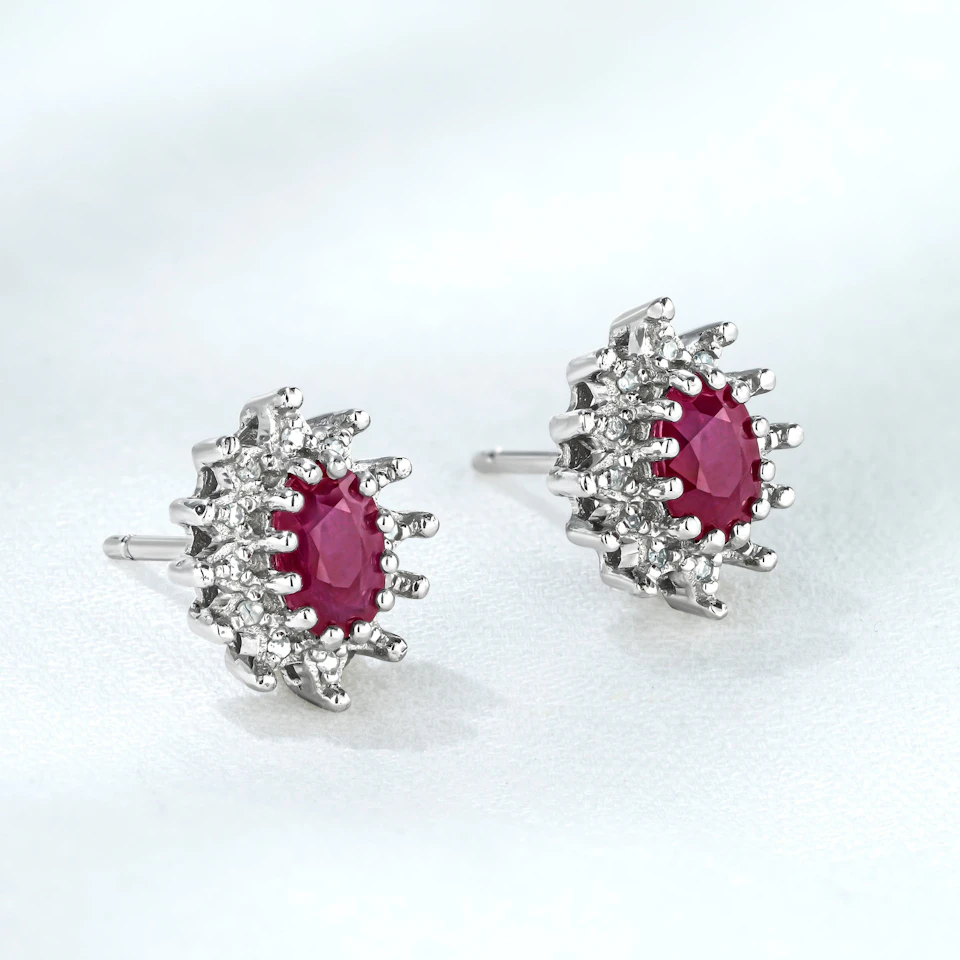 Ruby 6 x 4mm And Diamond Cluster 925 Sterling Silver Earrings