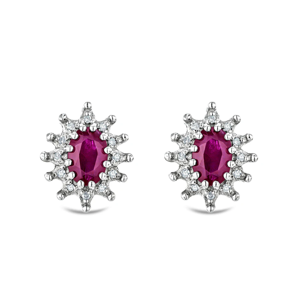 Ruby 6 x 4mm And Diamond Cluster 925 Sterling Silver Earrings