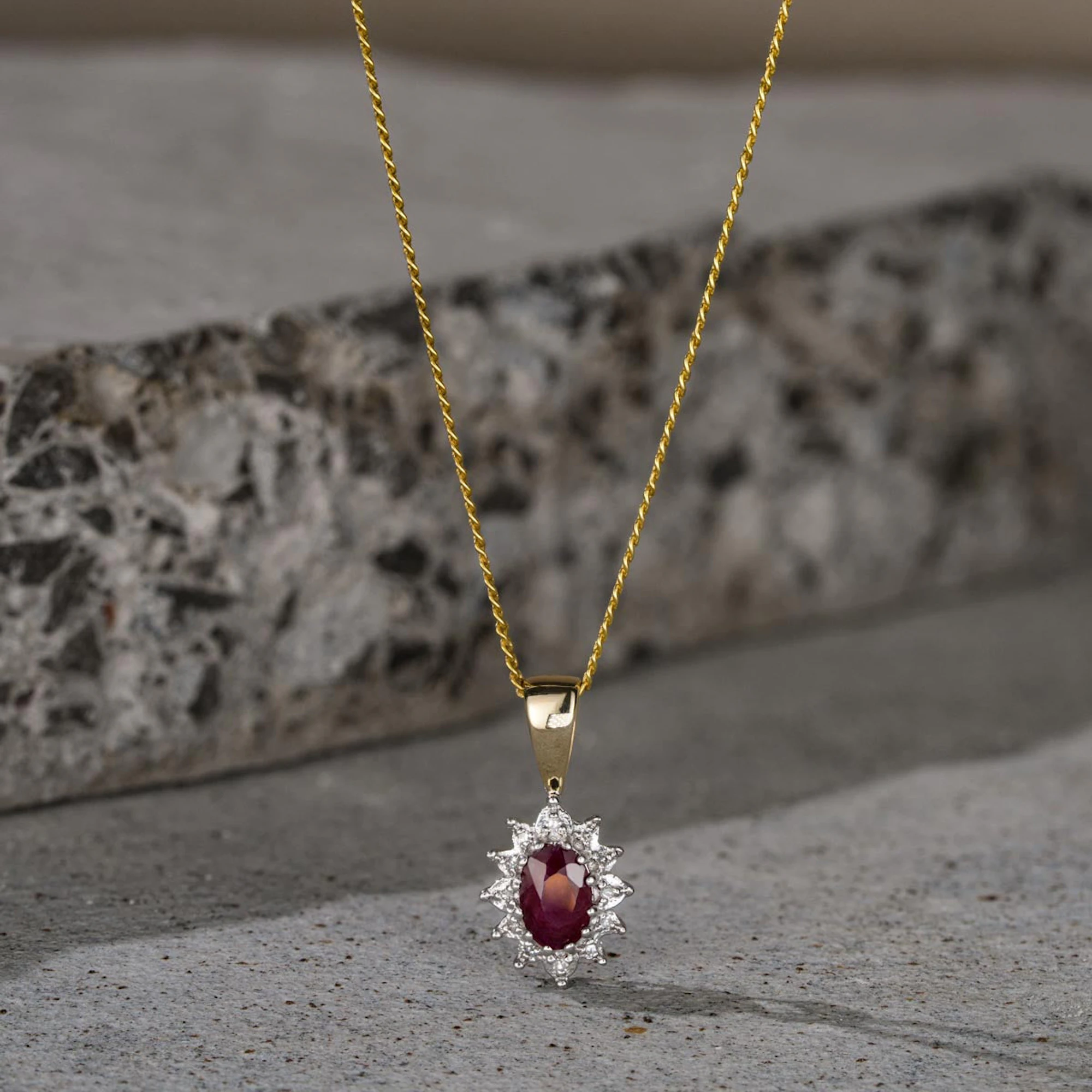 Ruby 6 x 4mm And Diamond 9K Yellow Gold Pendant Necklace