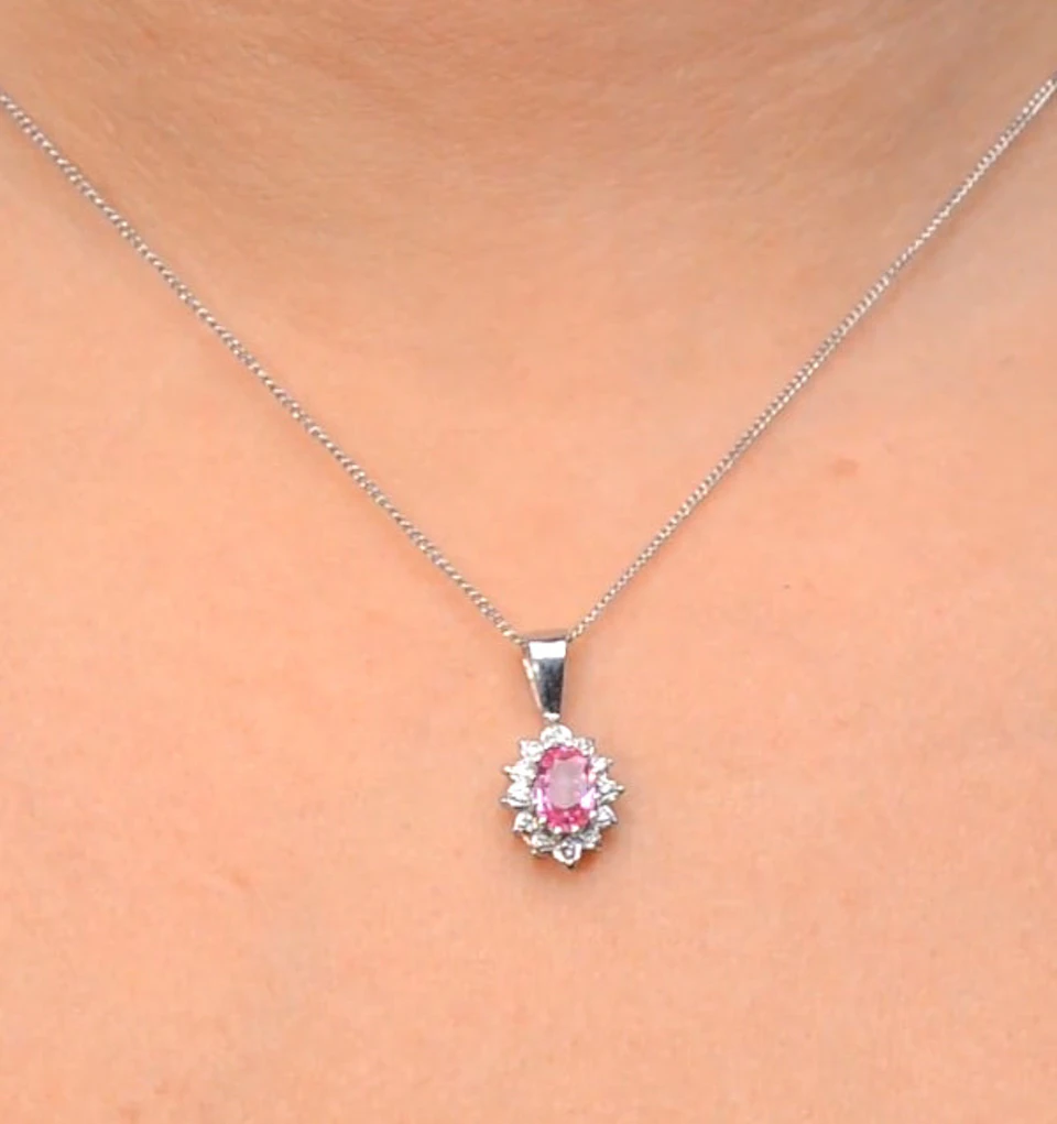 Pink Sapphire 6 X 4mm and Diamond 9K White Gold Pendant Necklace