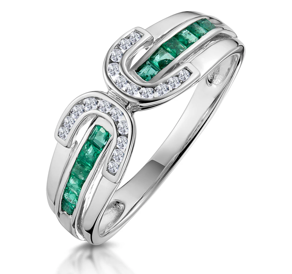 Emerald And 0.12CT Diamond Ring 9K White Gold