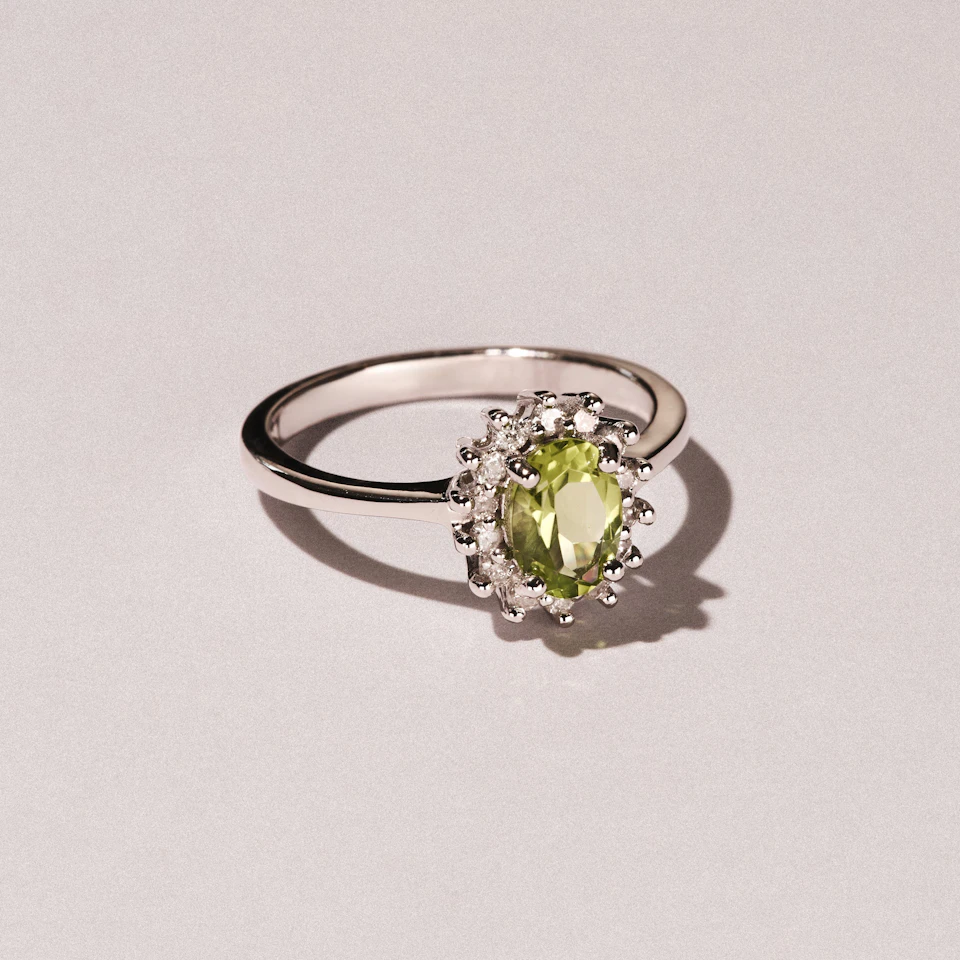 Peridot 7 x 5mm And Diamond 925 Sterling Silver Ring