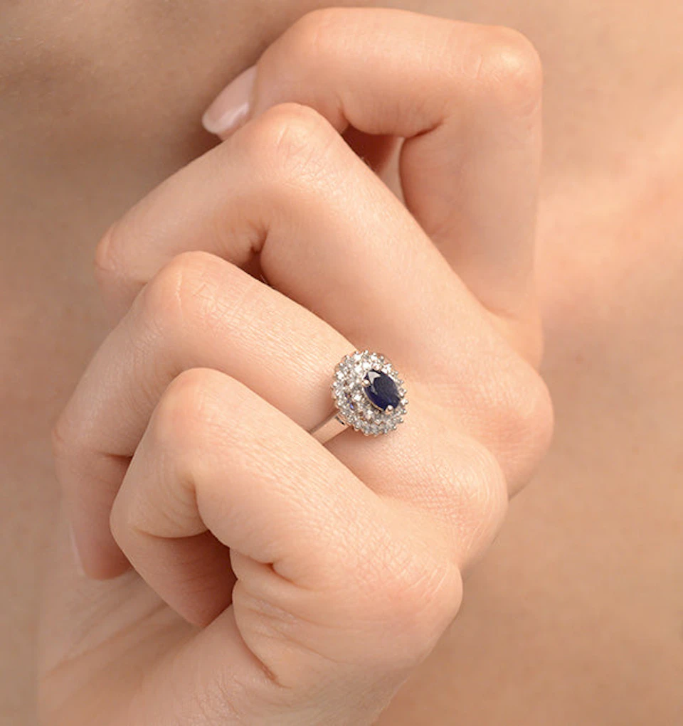 Sapphire 4 x 6mm And Diamond 9K White Gold Ring