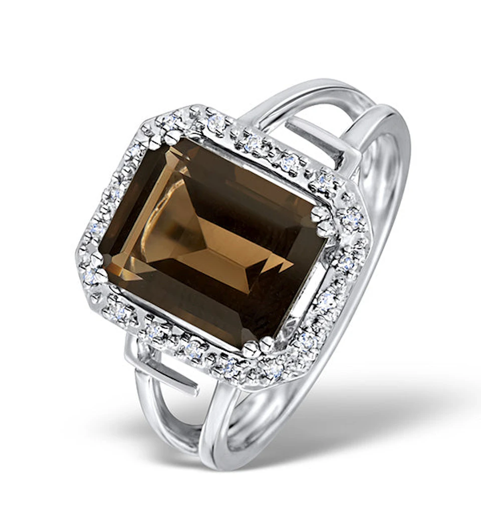 Smokey Quartz 3.28ct And Diamond 9K White Gold Ring SIZES AVAILABLE K L M N O P