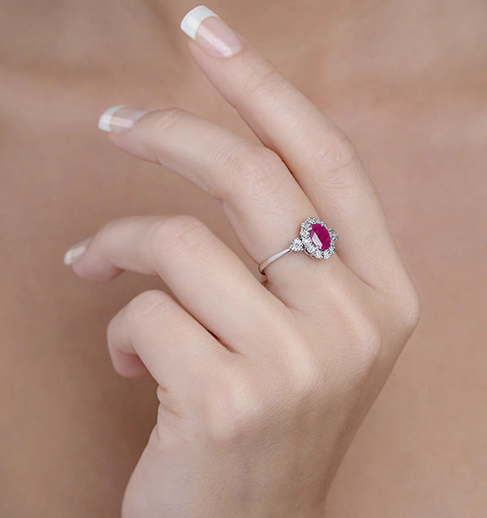 Ruby 7 x 5mm and Diamond 9K White Gold Ring