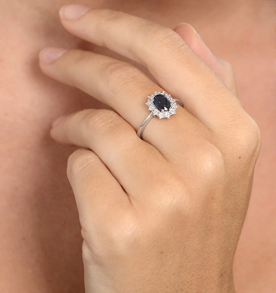 Sapphire Ring With Lab Diamond Halo 7 x 5mm Set in 925 Silver