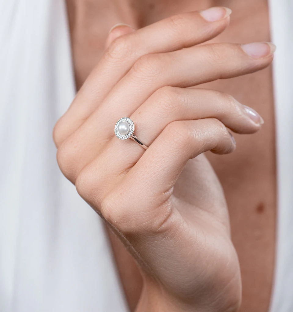 Pearl and Diamond Stellato Ring 0.08ct in 9K White Gold