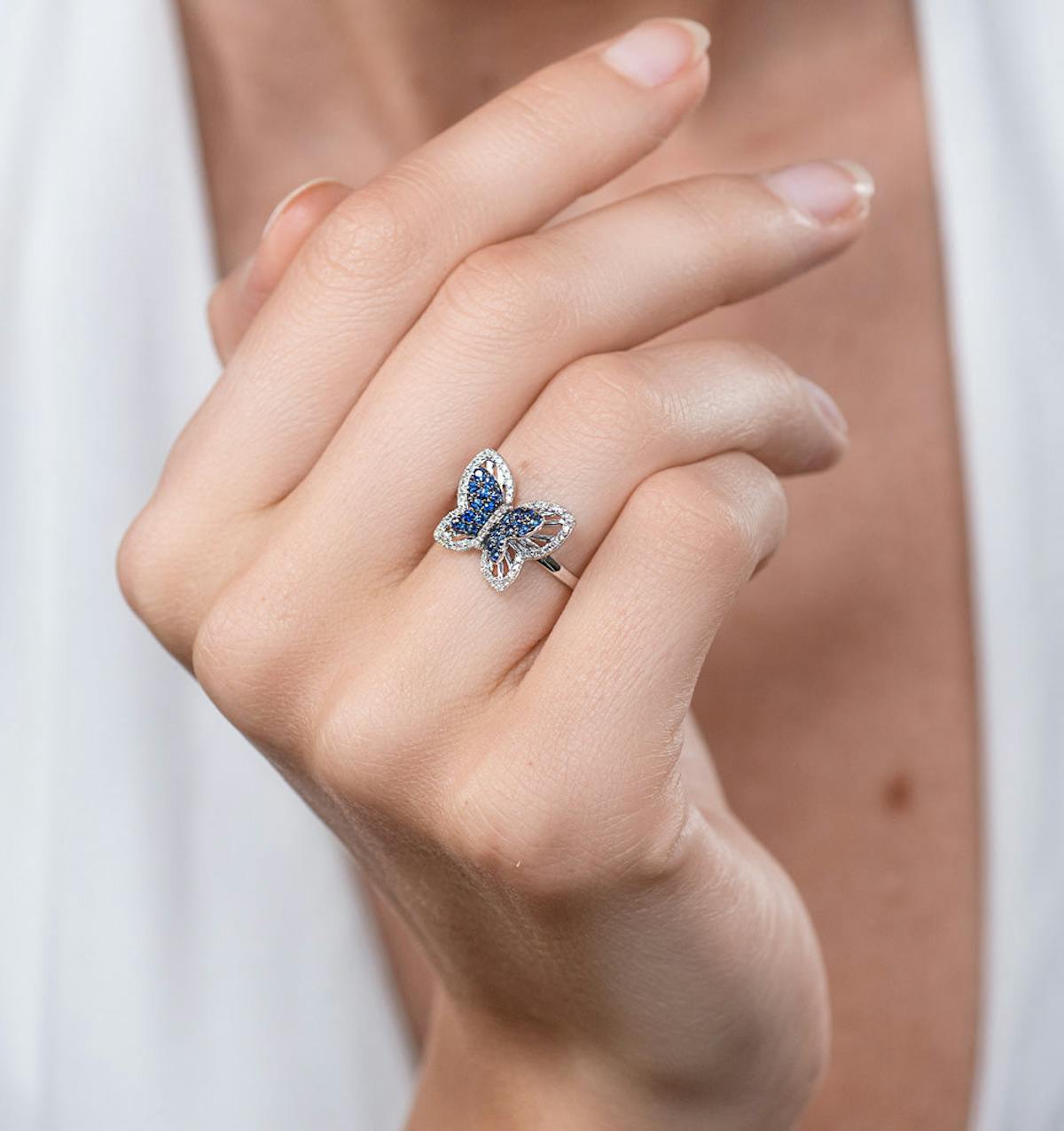 Stellato Collection Sapphire and Diamond Butterfly Ring 9K White Gold