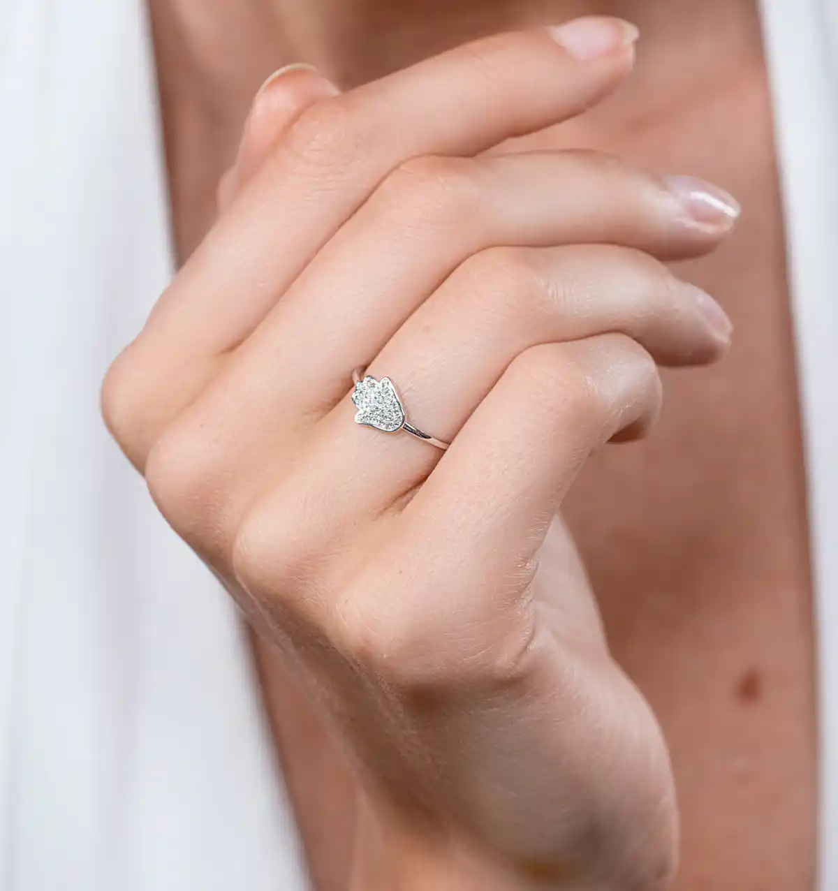 Stellato Collection Hamsa Diamond Ring 0.09ct in 9K White Gold SIZES AVAILABLE I I.5 J K K.5 L M N O