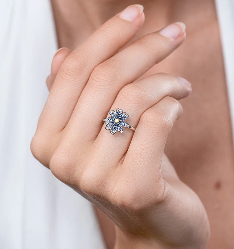 Blue Sapphire Yellow Sapphire and Diamond Stellato Ring 9K White Gold