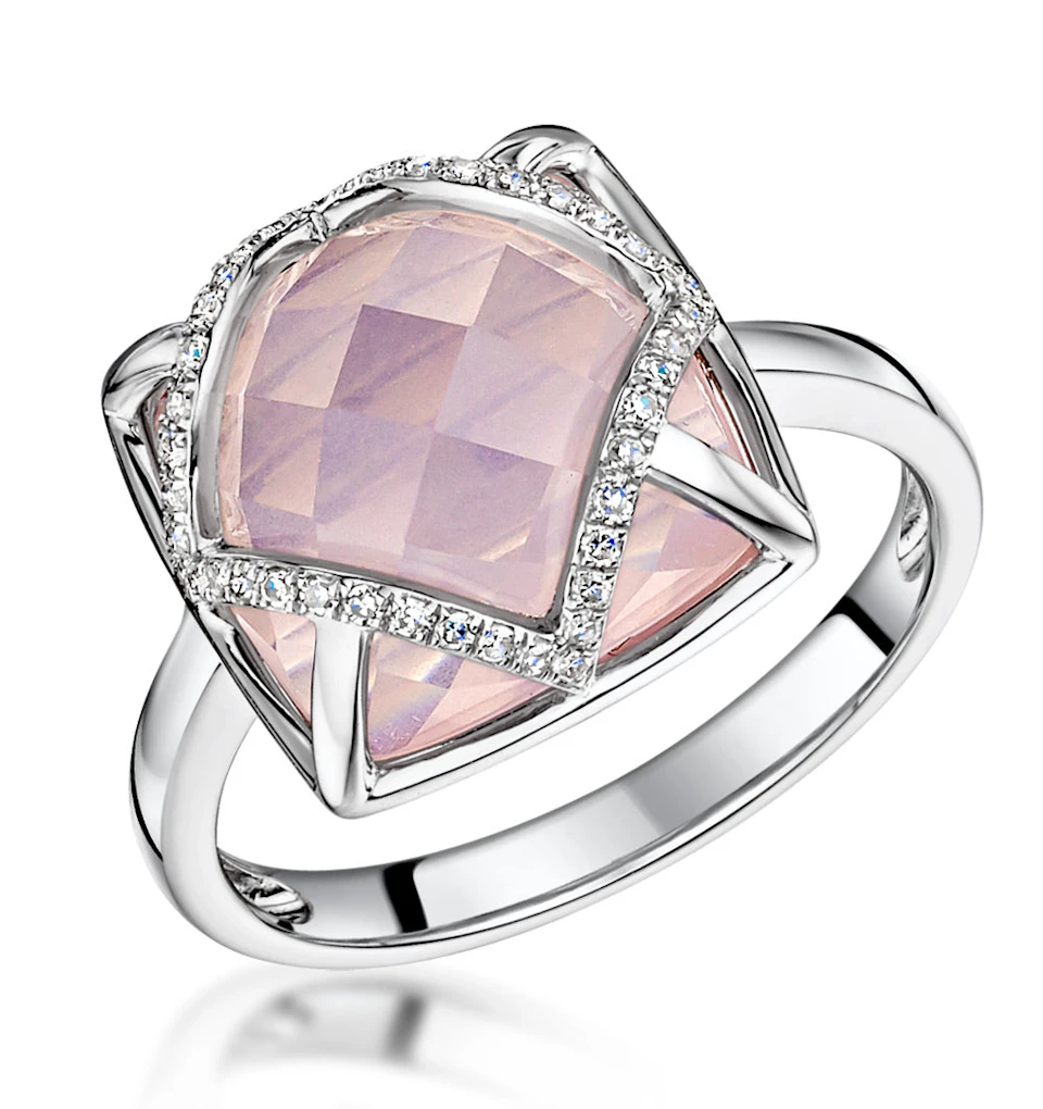Stellato Collection Rose Quartz and Diamond Ring 9K White Gold SIZES AVAILABLE J K L