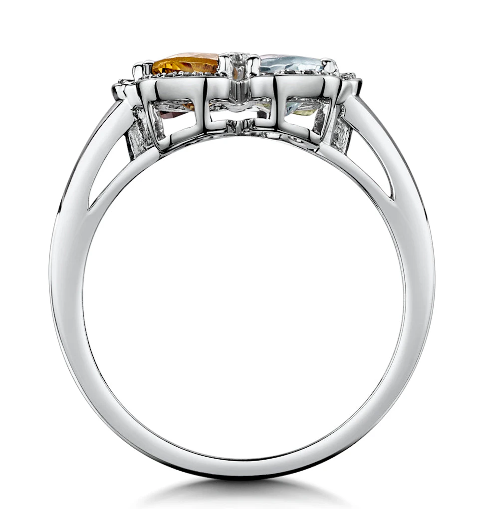 Multi Gem Flower Design Stellato Collection Ring In 9K White Gold