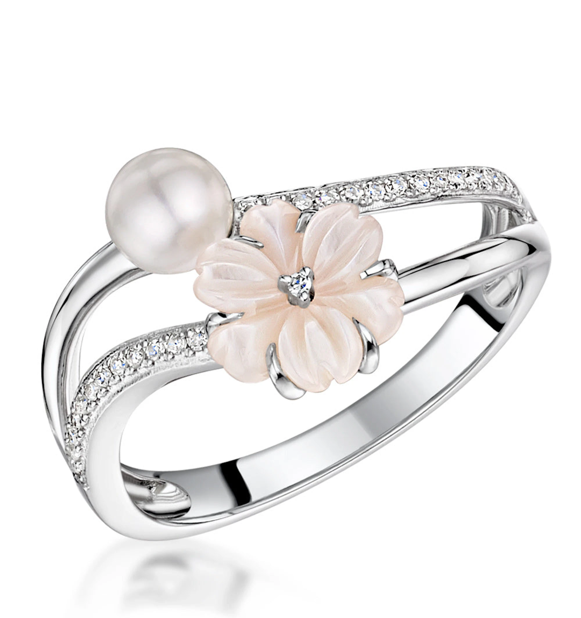 4.5mm Pearl with Shell and Diamond Stellato Ring in 9K White Gold