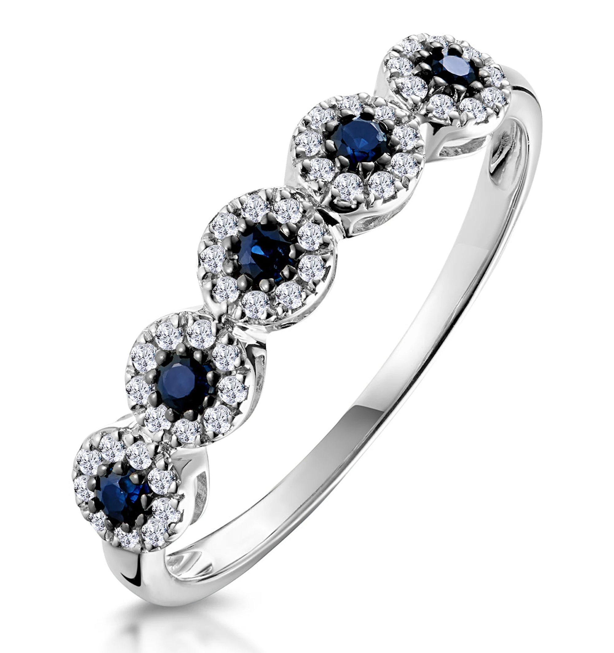 Sapphire and Halo Diamond Stellato Eternity Ring in 9K White Gold