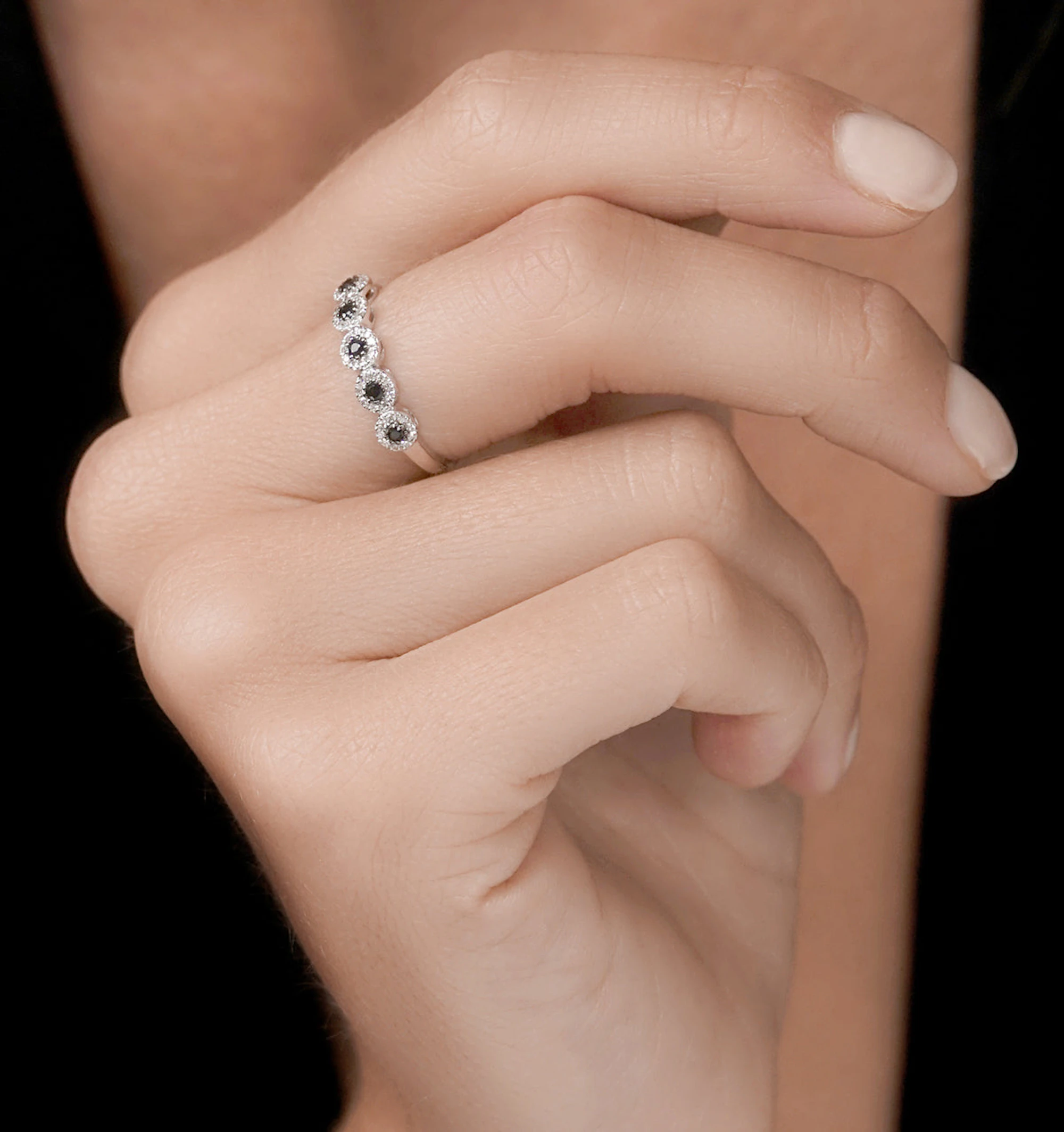 Sapphire and Halo Diamond Stellato Eternity Ring in 9K White Gold