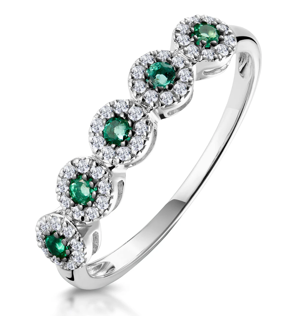 Emerald and Halo Diamond Stellato Eternity Ring in 9K White Gold