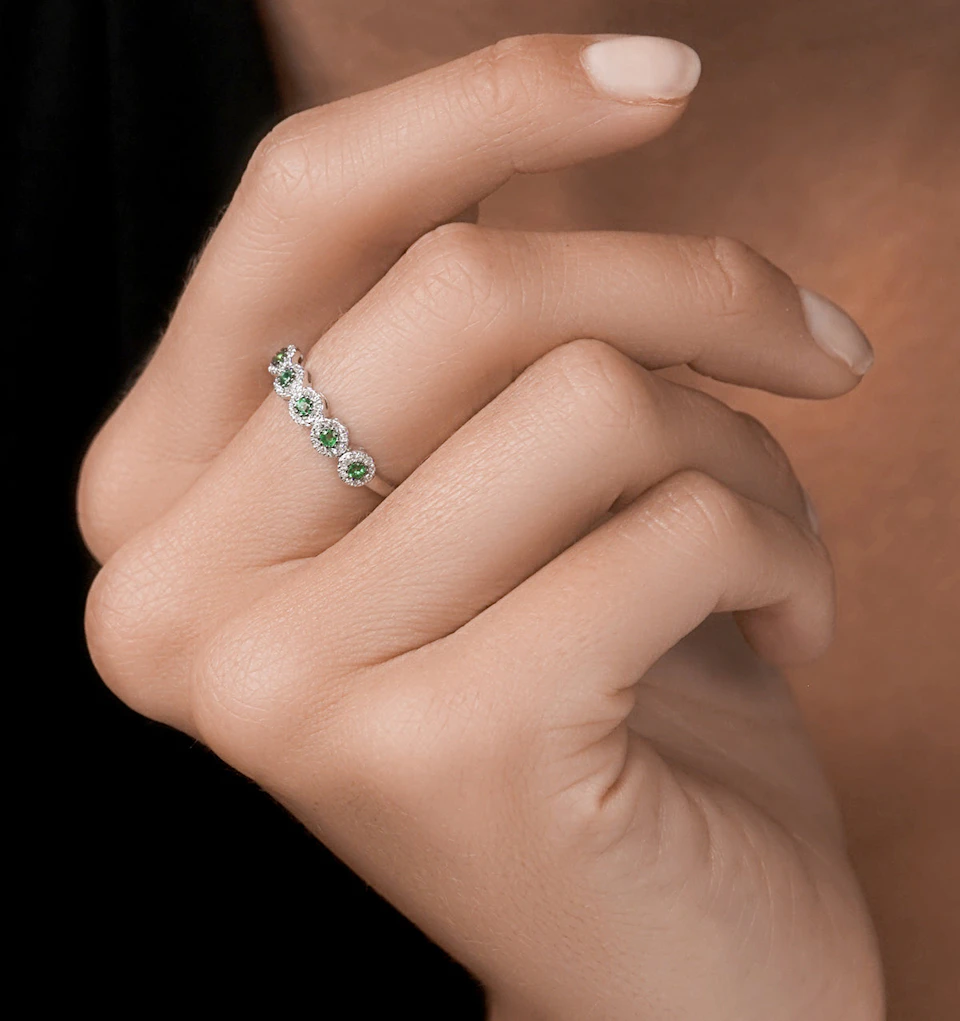 Emerald and Halo Diamond Stellato Eternity Ring in 9K White Gold