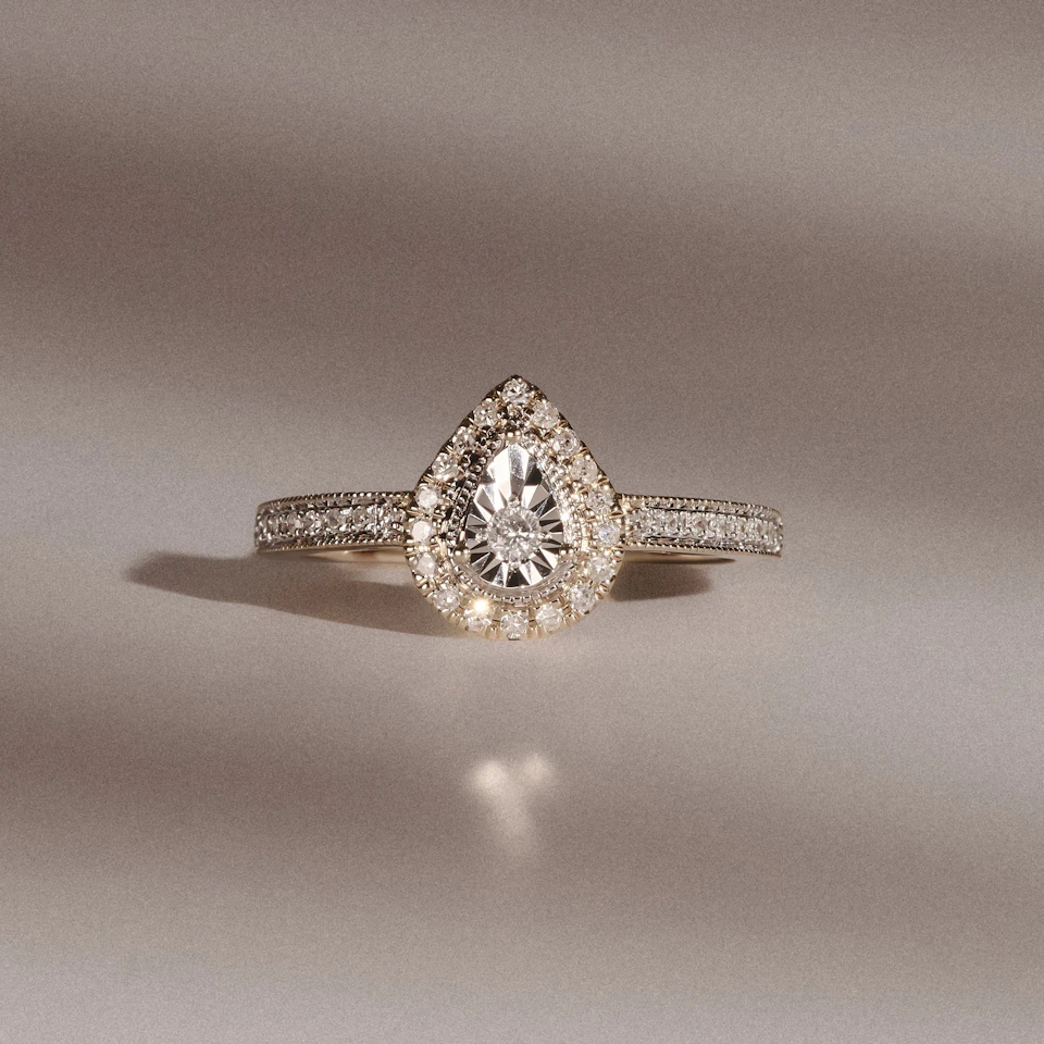 Masami Pear Shaped Pave Diamond Engagement Ring 0.15ct 9K Yellow Gold