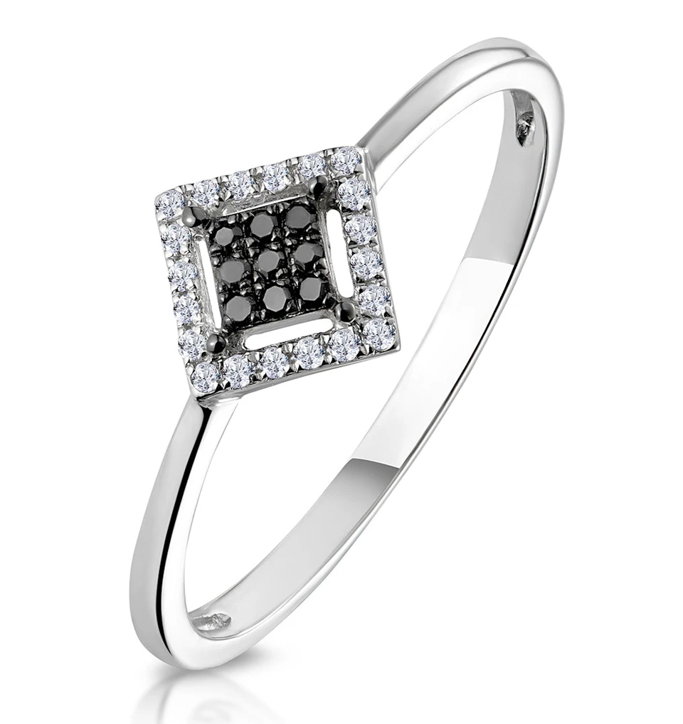Diamond and Black Diamond Stellato Squares Ring in 9K White Gold