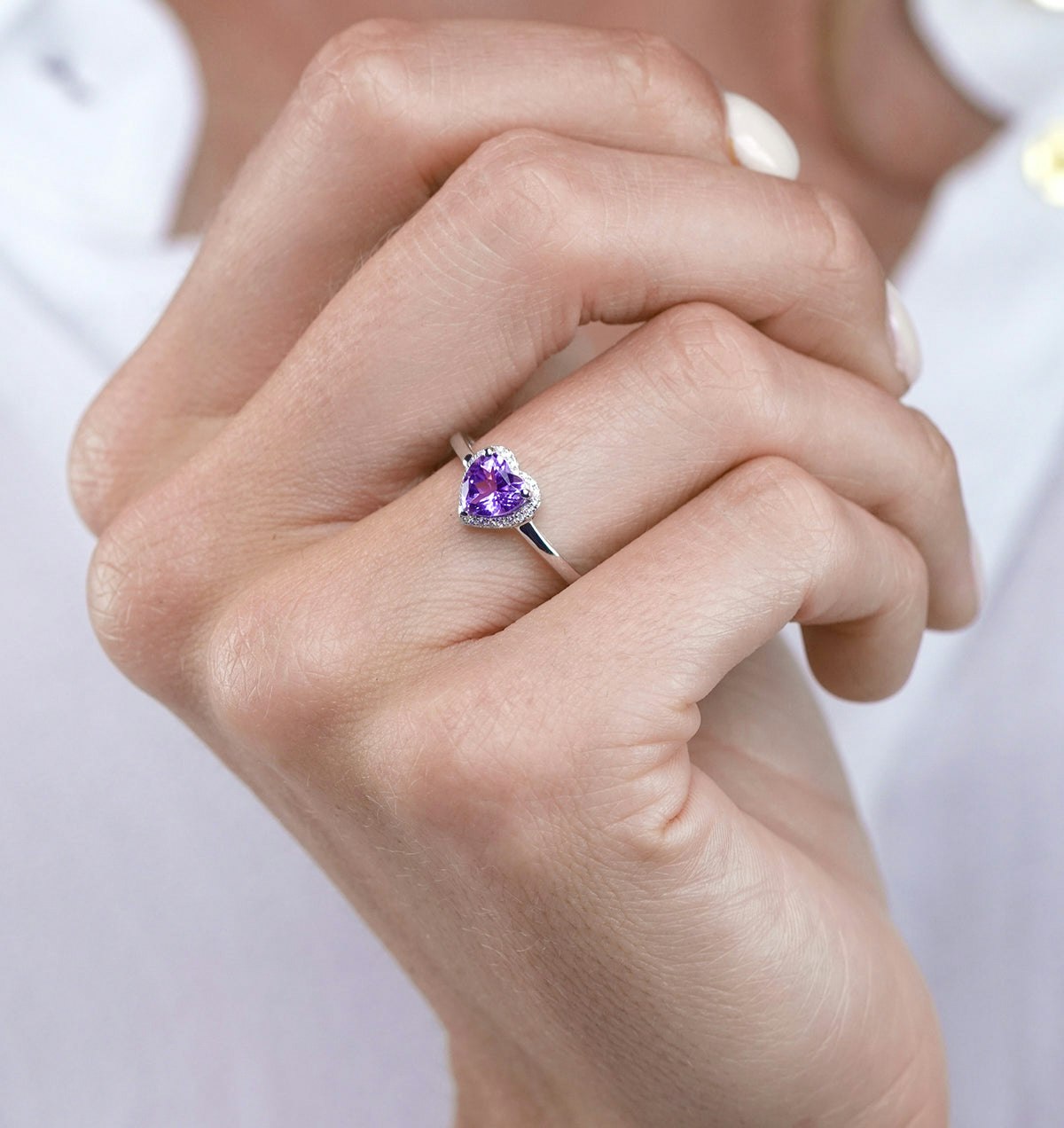 Halo Amethyst and Diamond Stellato Heart Ring in 9K White Gold
