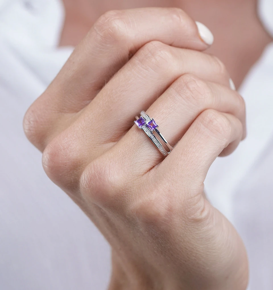 Twin Amethyst and Diamond Stellato Ring in 9K White Gold