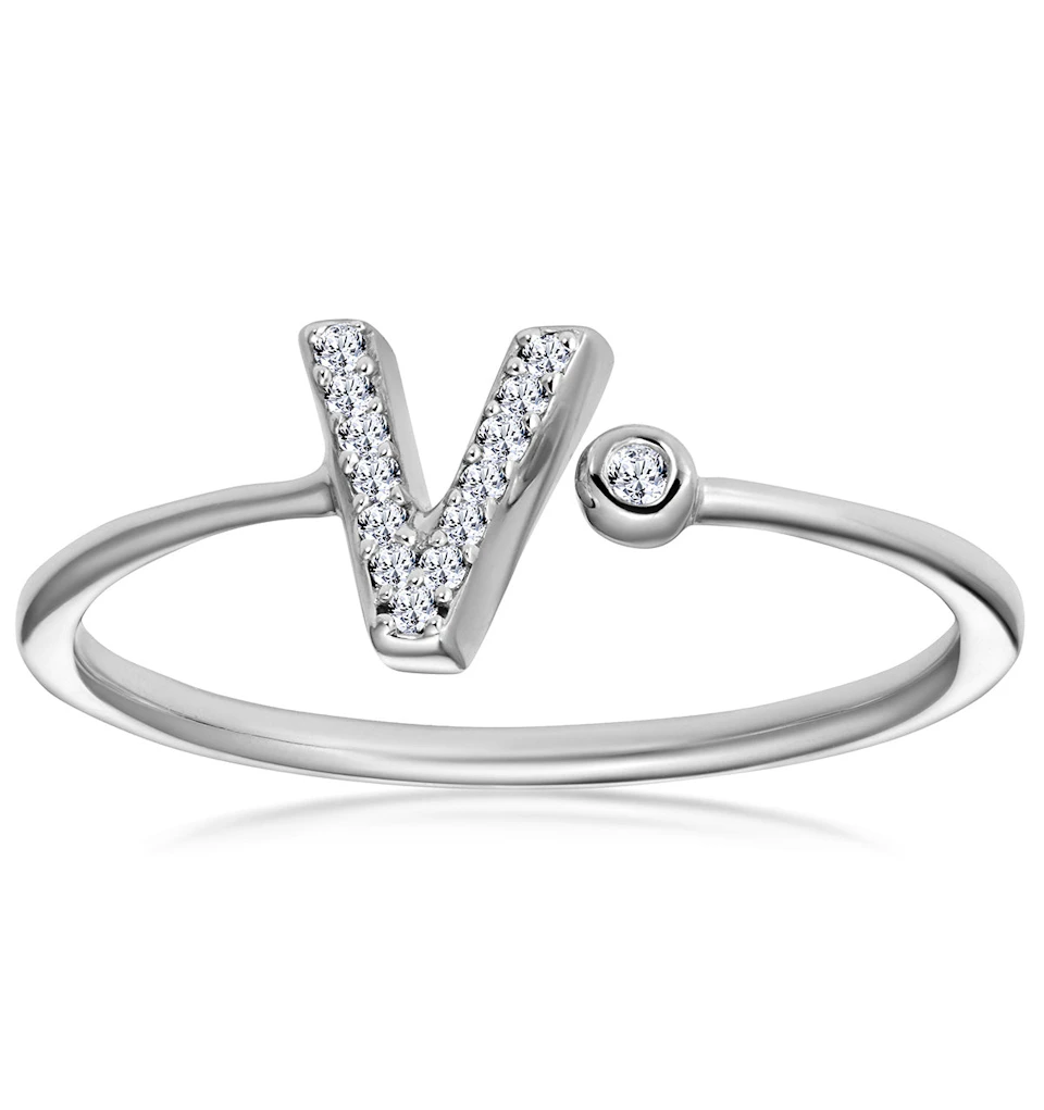 Lab Diamond Initial 'V' Ring 0.07ct Set in 925 Silver SIZE L N