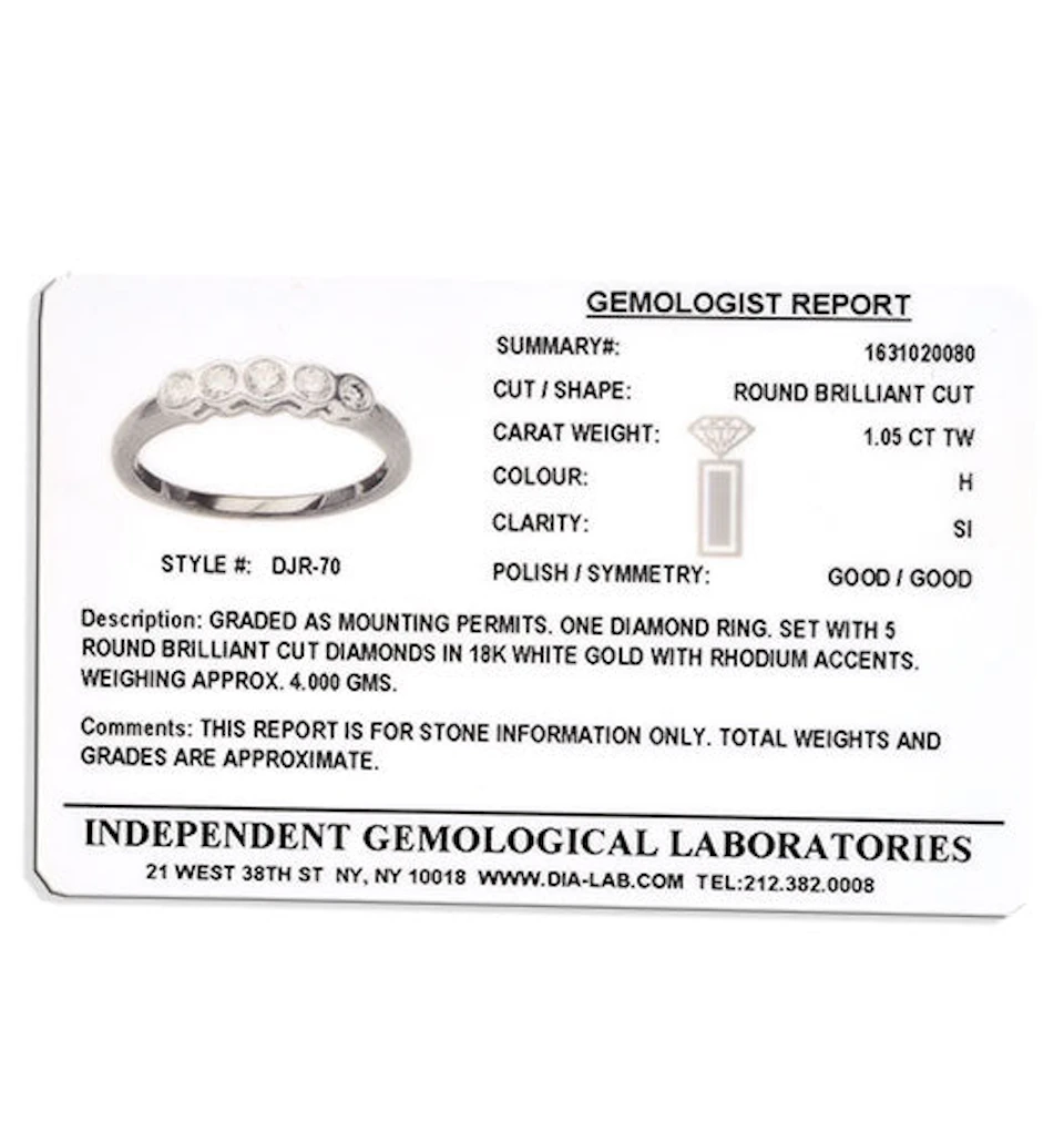 Certified 1.05CT 18K White Gold Five Stone Diamond Rubover Ring - SIZE O