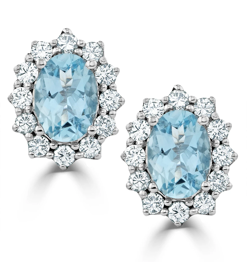 Aquamarine and Diamond Cluster Earrings 7 x 5mm in 18K White Gold