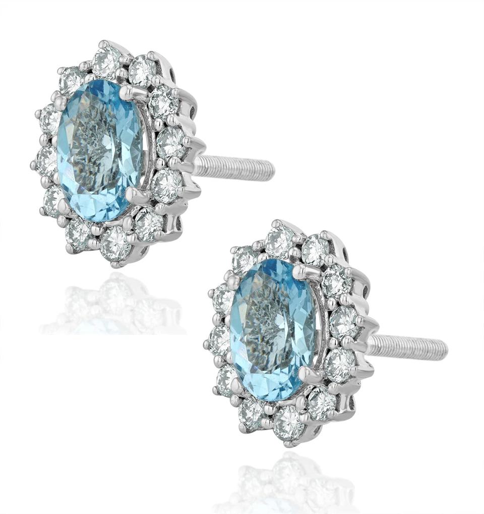 Aquamarine and Lab Diamond Cluster Earrings 7 x 5mm in 18K White Gold