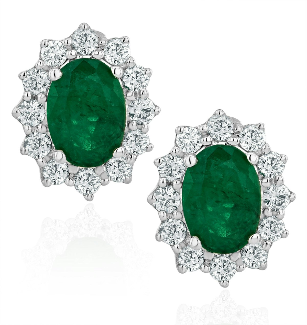 Emerald and Lab Diamond Cluster Earrings 7 x 5mm in 18K White Gold