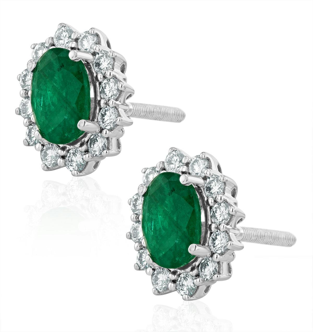 Emerald and Diamond Cluster Earrings 7 x 5mm in 18K White Gold