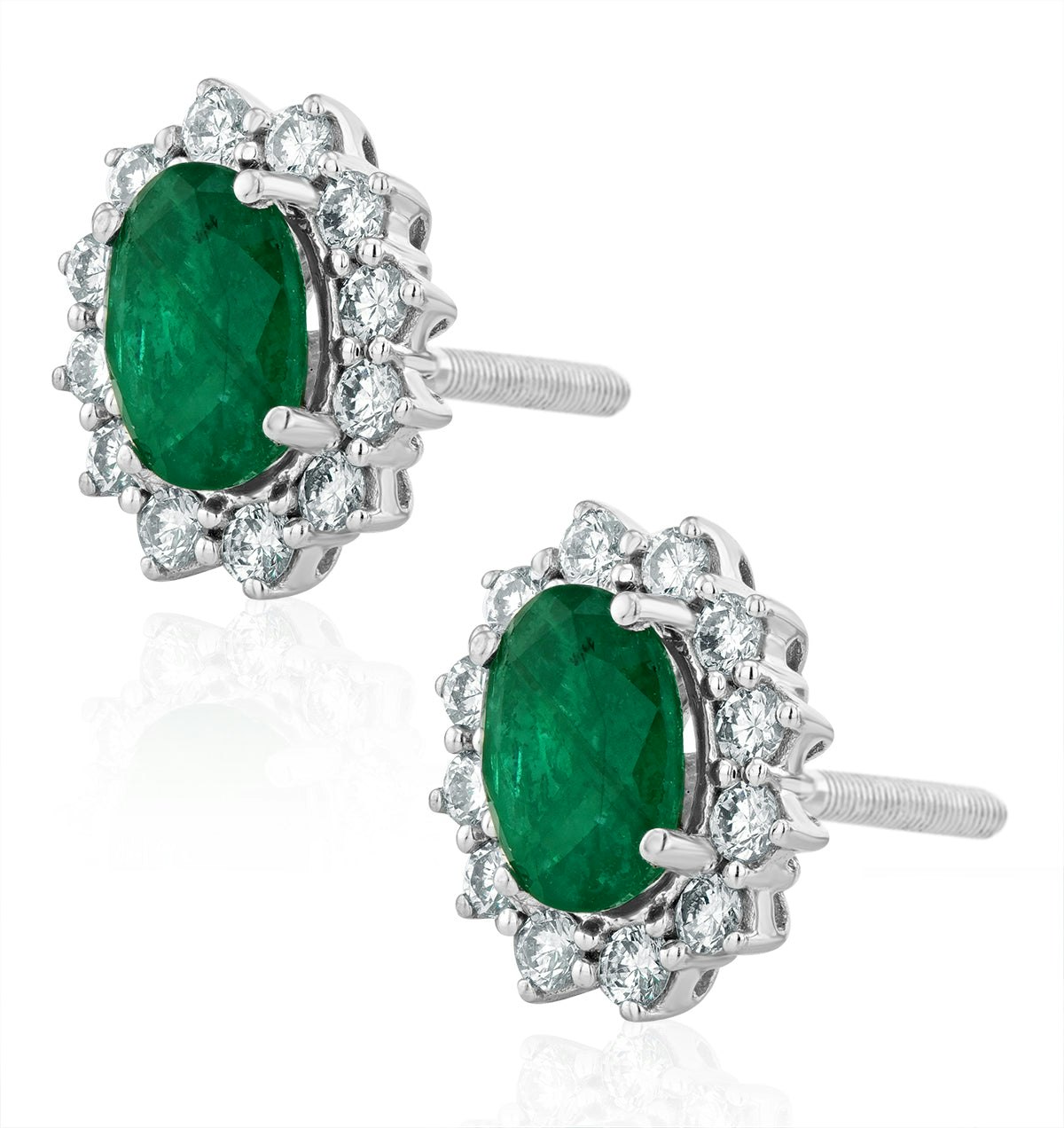 Emerald and Lab Diamond Cluster Earrings 7 x 5mm in 18K White Gold