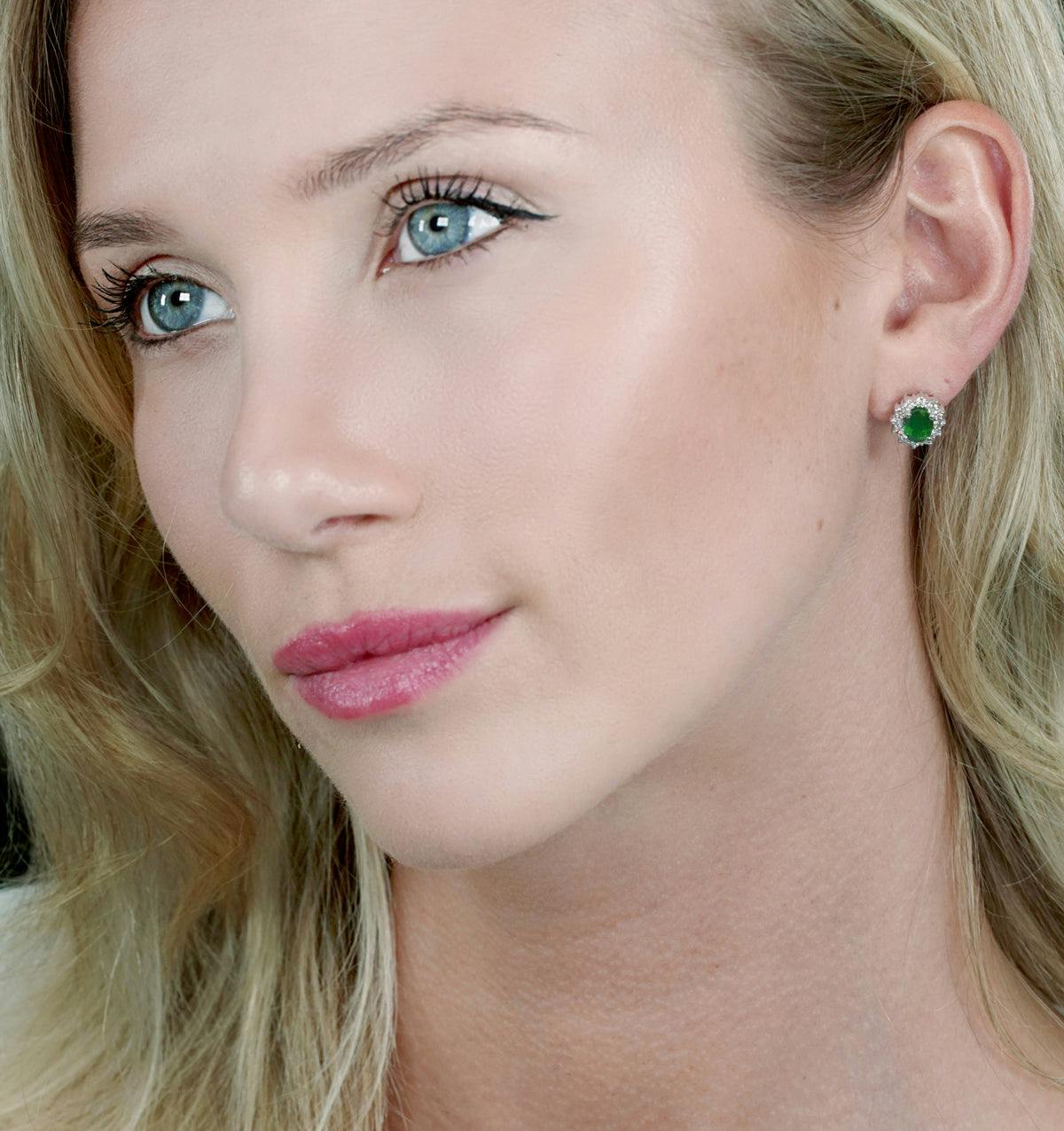 Emerald and Diamond Cluster Earrings 7 x 5mm in 18K White Gold