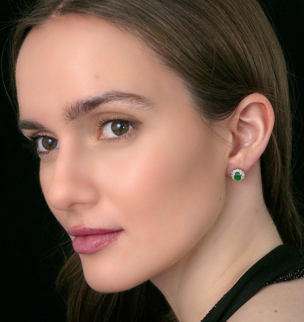 Emerald and Lab Diamond Cluster Earrings 7 x 5mm in 18K White Gold