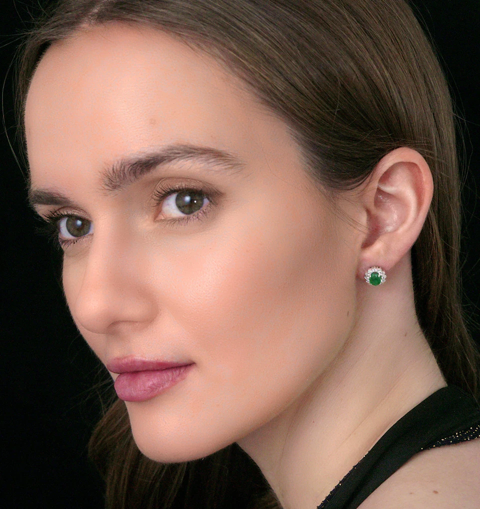 Lab Emerald 7 x 5mm and Lab Diamond Cluster Earrings in 18K White Gold