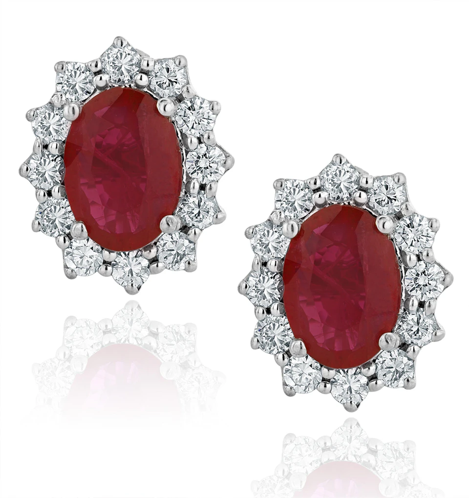 Ruby and Lab Diamond Cluster Earrings 7 x 5mm in 18K White Gold