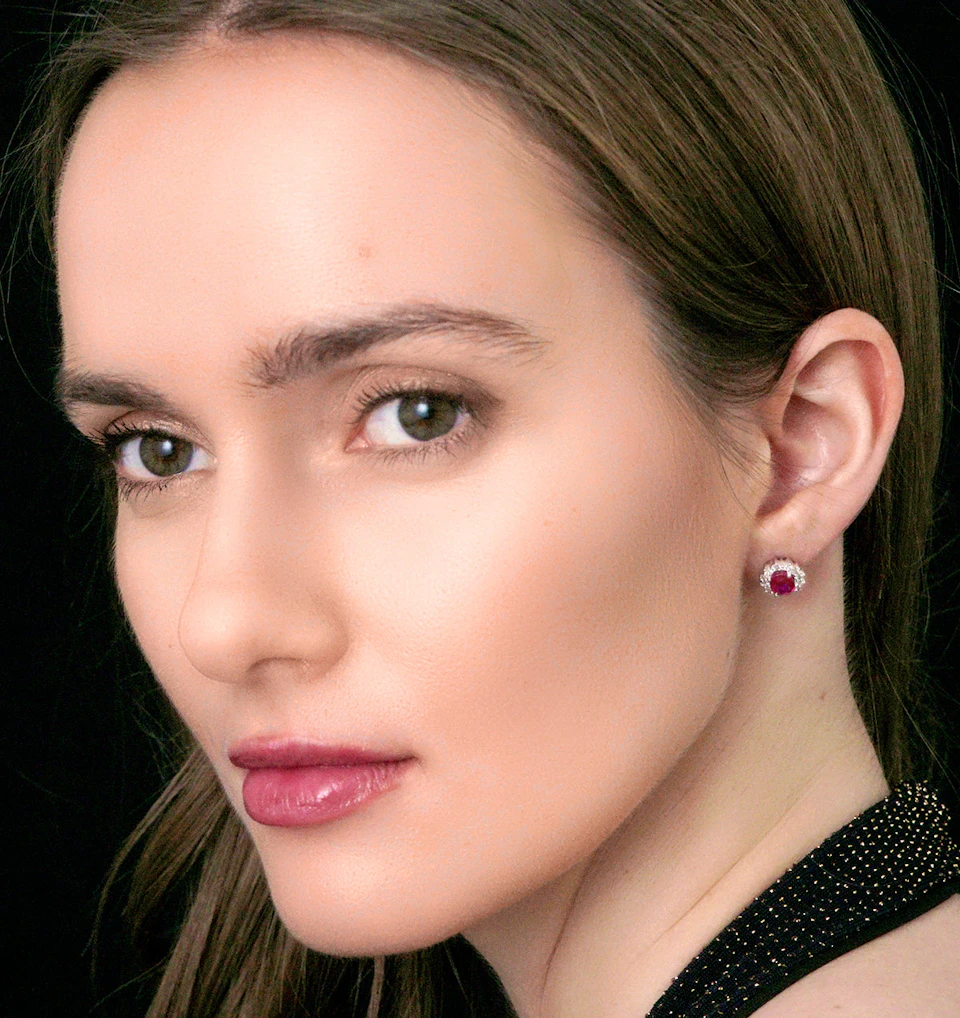 Ruby and Lab Diamond Cluster Earrings 7 x 5mm in 18K White Gold