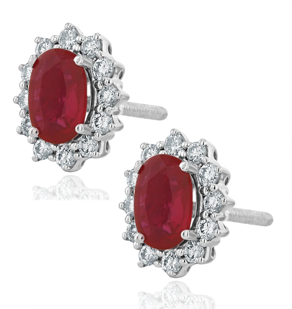 Ruby and Lab Diamond Cluster Earrings 7 x 5mm in 18K White Gold