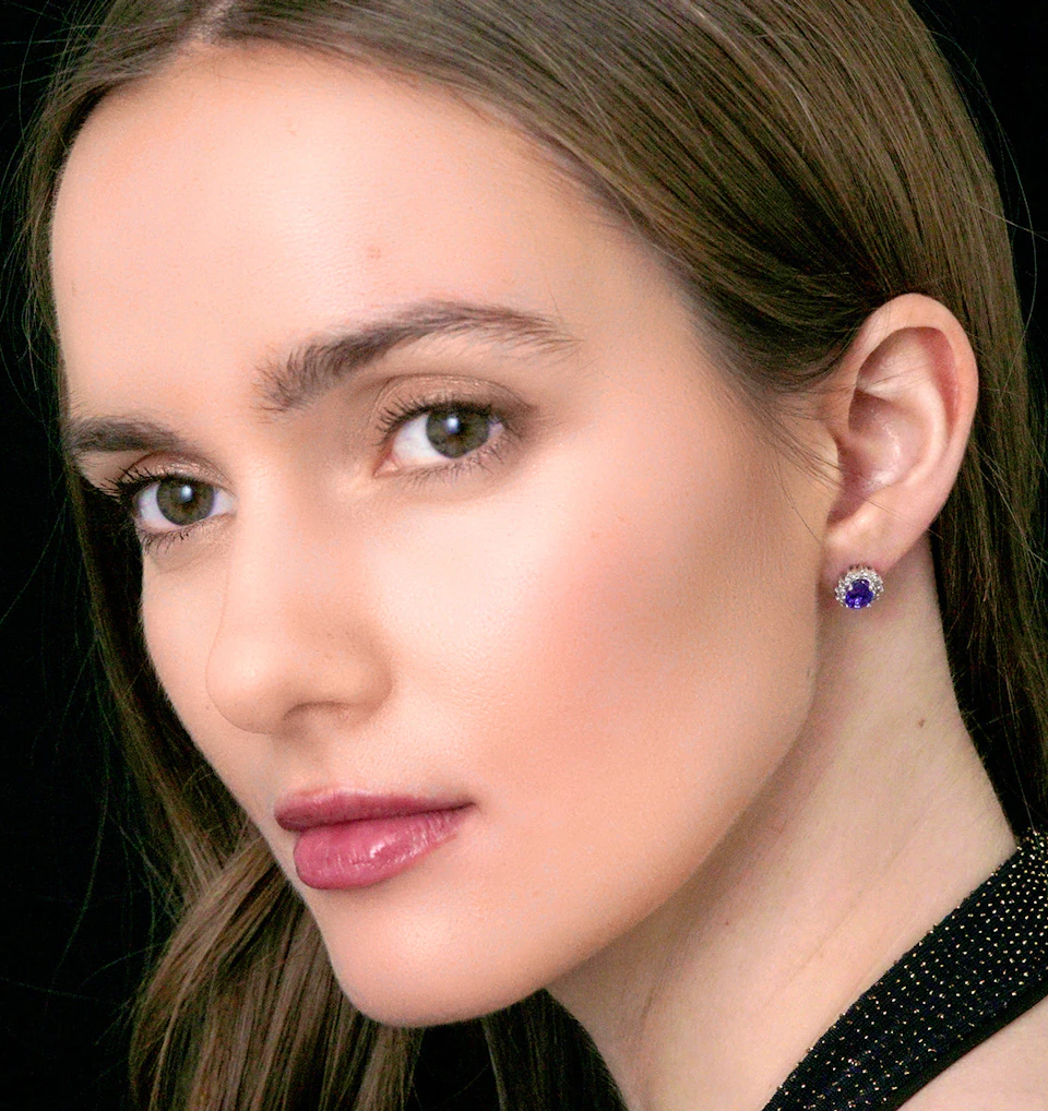 Lab Tanzanite 7 x 5mm and Lab Diamond Earrings in 18K White Gold