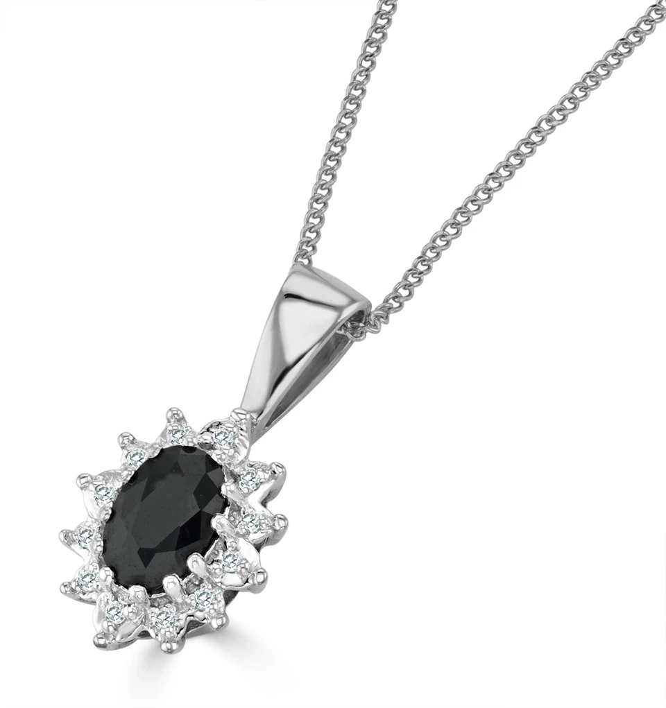 Sapphire and Diamond Cluster Pendant Necklace 6x4mm in 9K White Gold