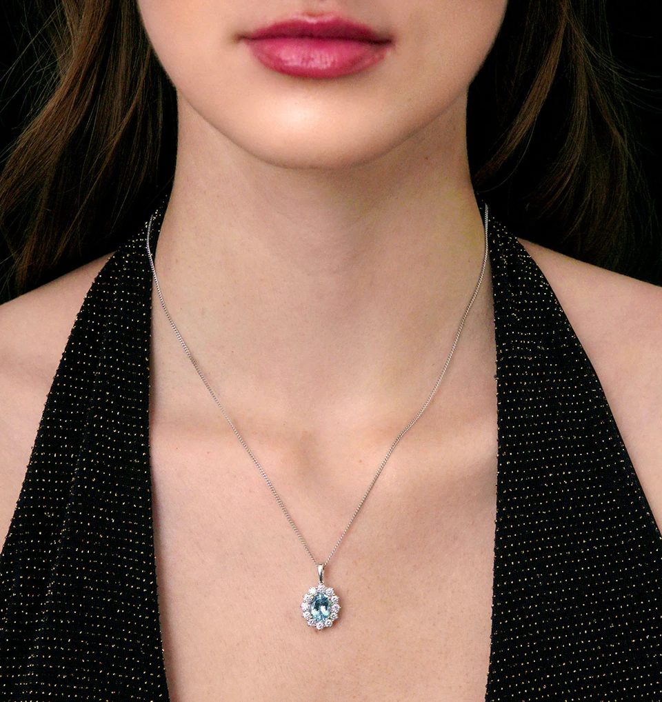 Aquamarine and Diamond Cluster Necklace Pendant 9x7mm 18K White Gold