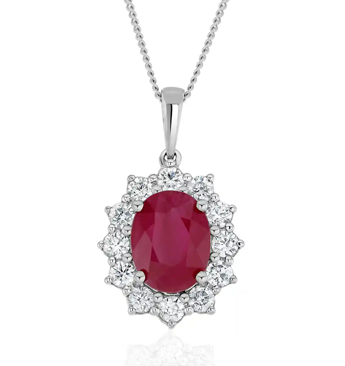 Ruby and Diamond Cluster Necklace Pendant 9x7mm in 18K White Gold