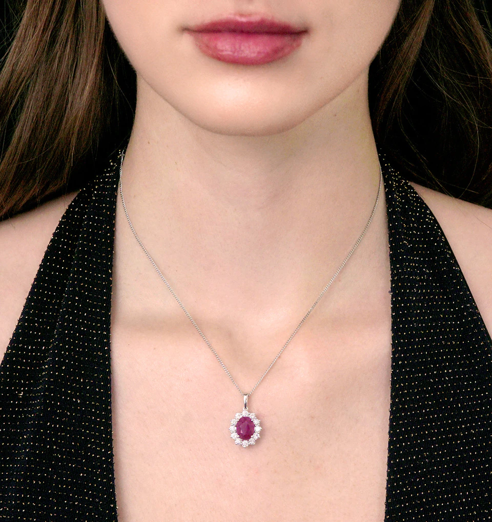 Ruby and Diamond Cluster Necklace Pendant 9x7mm in 18K White Gold