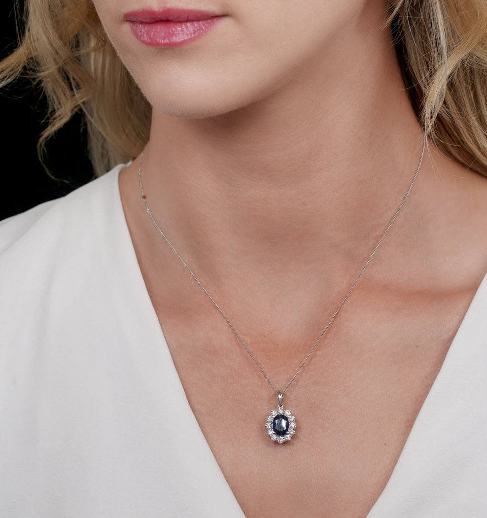 Lab Sapphire 9x7mm and Lab Diamond Cluster Necklace in 18K White Gold