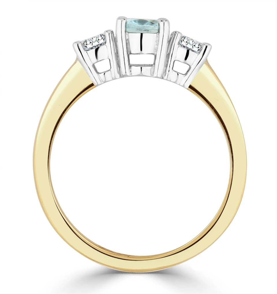 0.70ct Oval Cut Aquamarine and Lab Diamond 3 Stone Ring in 9K Yellow Gold