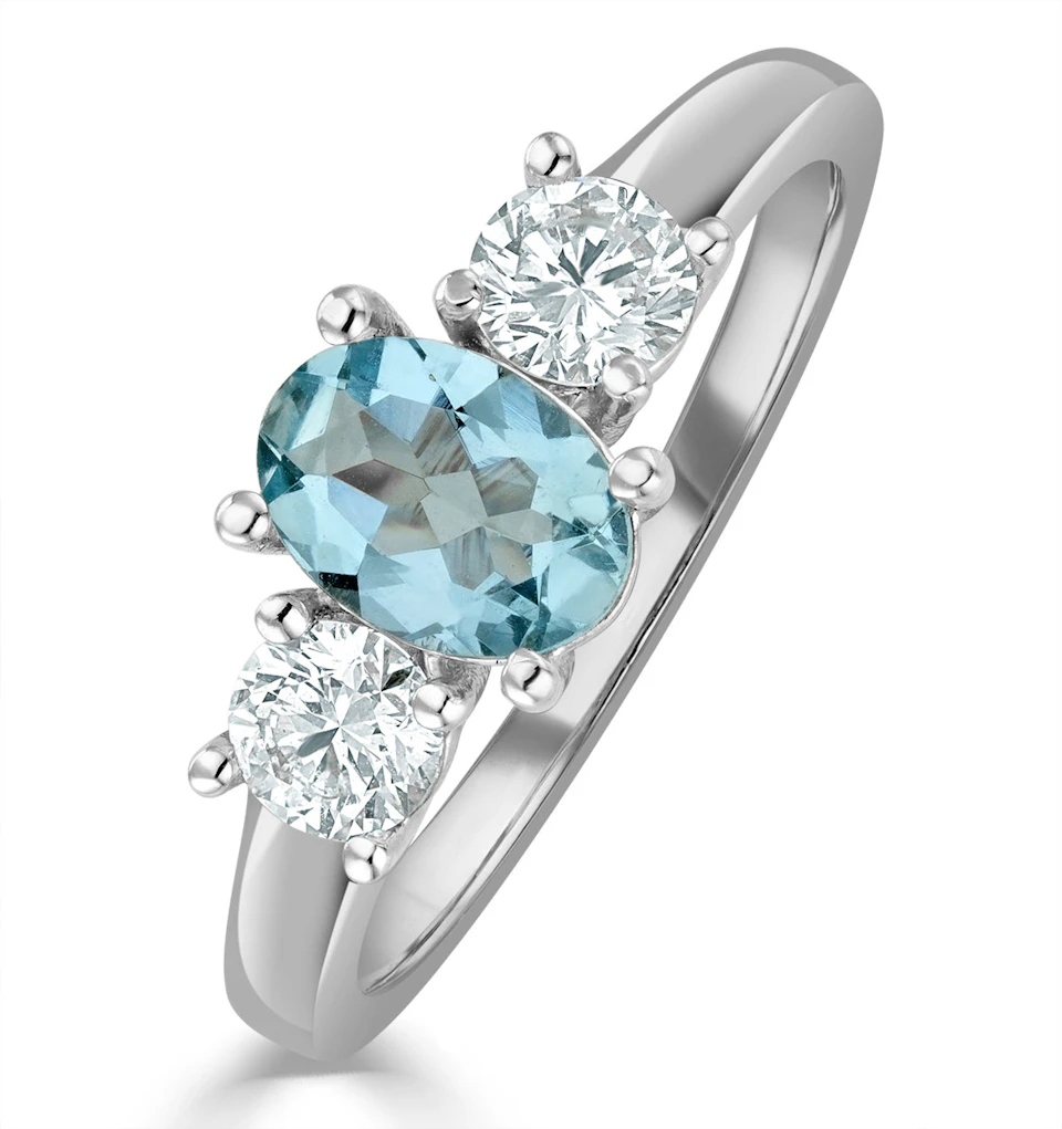 0.70ct Oval Cut Aquamarine and Lab Diamond 3 Stone Ring in 9K White Gold