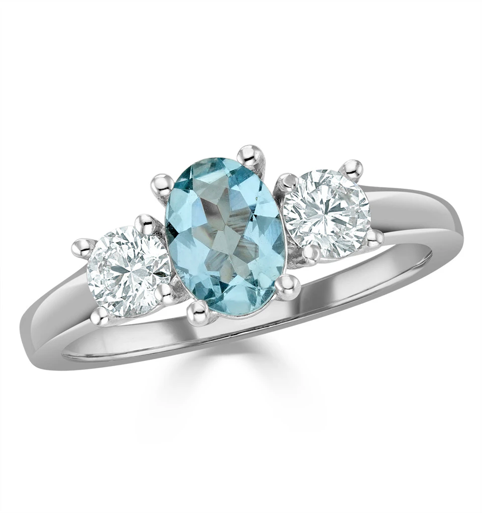 0.70ct Oval Cut Aquamarine and Lab Diamond 3 Stone Ring in 9K White Gold
