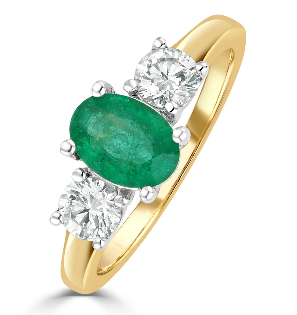 0.70ct Oval Cut Emerald and Lab Diamond 3 Stone Ring in 9K Yellow Gold