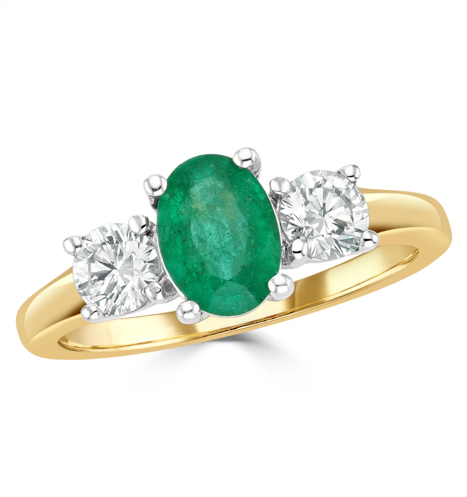 0.70ct Oval Cut Emerald and Lab Diamond 3 Stone Ring in 9K Yellow Gold