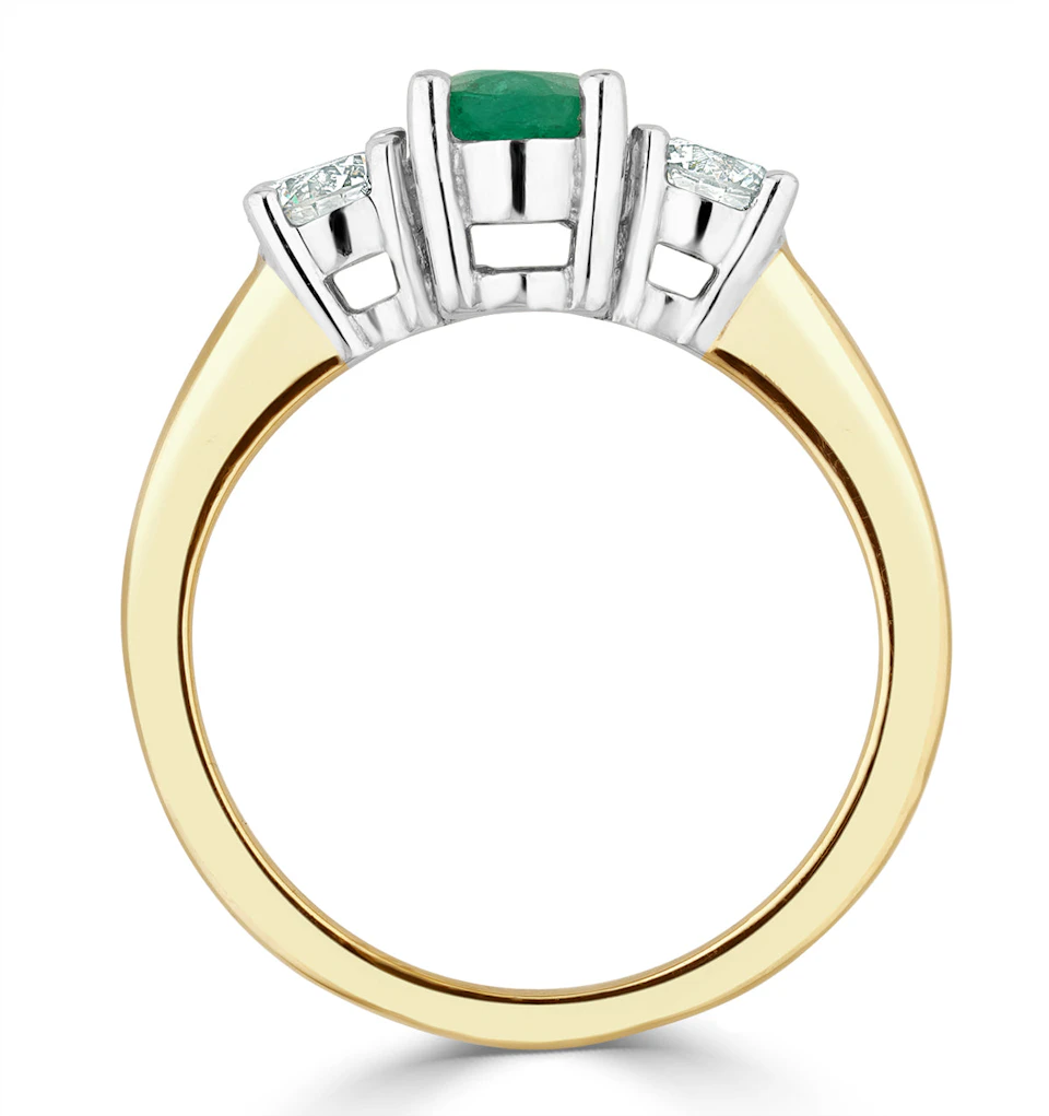 0.70ct Oval Cut Emerald and Lab Diamond 3 Stone Ring in 9K Yellow Gold